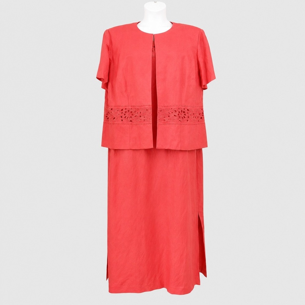 JESSICA HOWARD Size 22 Coral Linen-Blend 2PC Beaded Jacket Dress with Cutouts